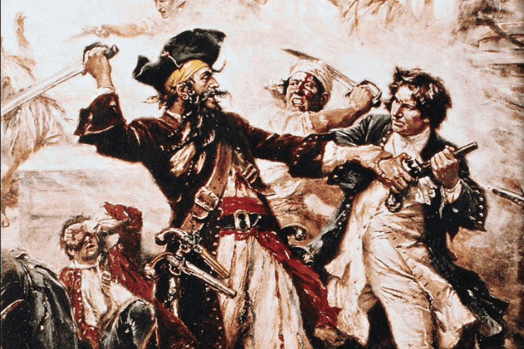 Image of blackbeard the pirate in battle for a blog post covering the most infamous pirates in history.