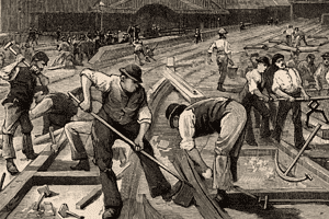 Image of a drawing showing men building one of the most important inventions of the industrial revolution, the railroads.