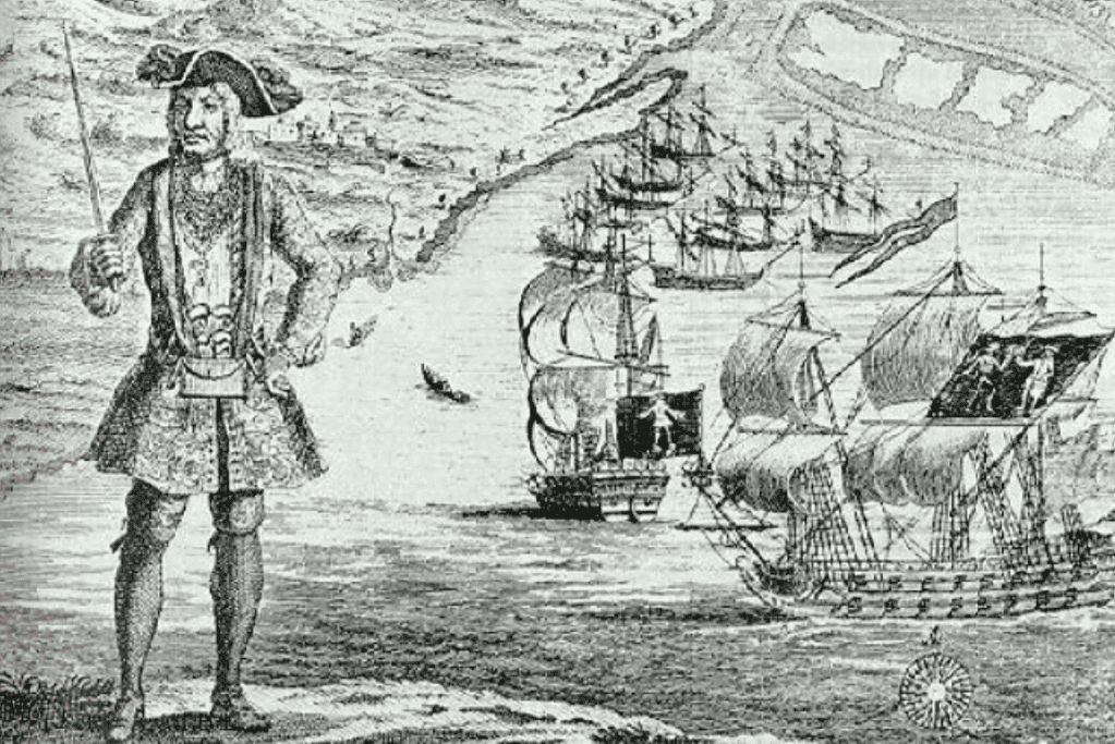 Artists drawing of a Barthlomew Roberts with ships in the background