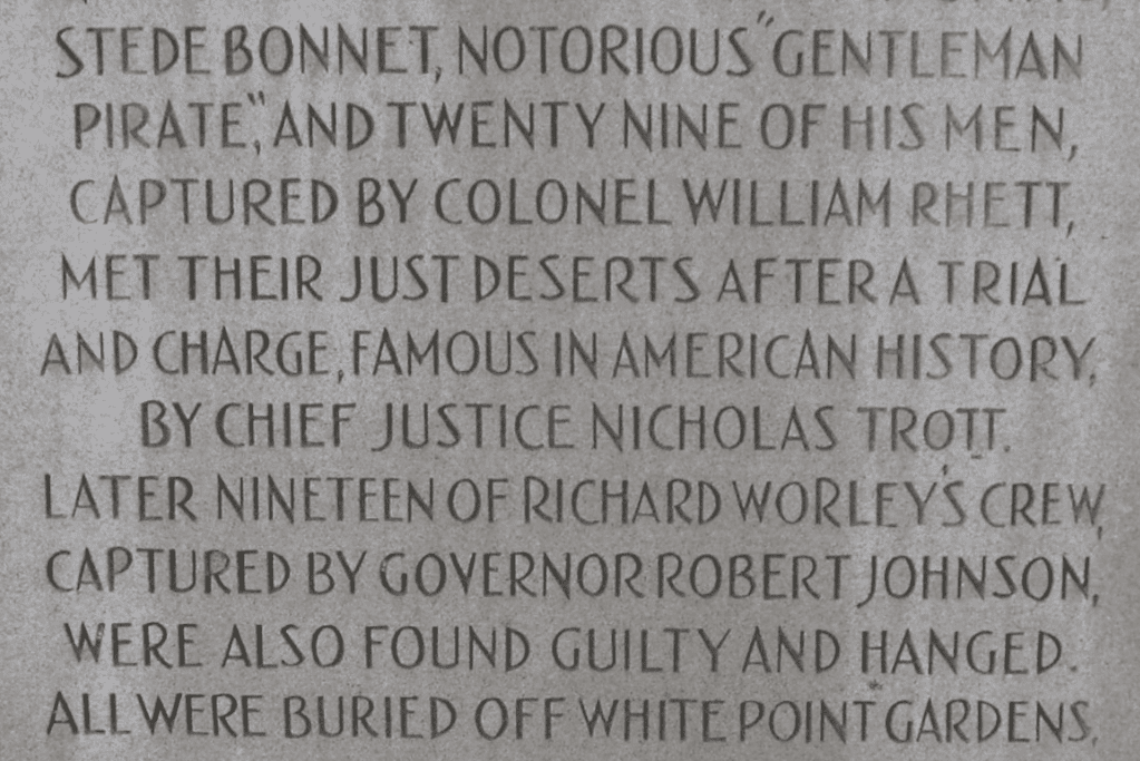 Image of a stone marker with a story about local pirate Stede Bonnet