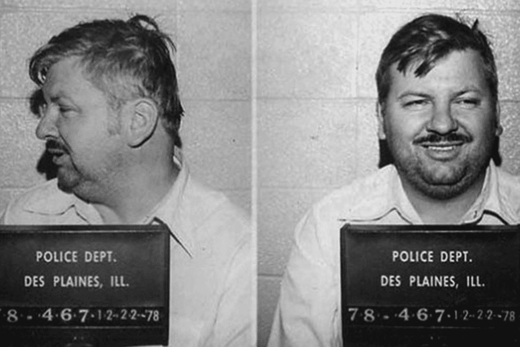 Image of a historical booking photo of serial killer John Wayne Gacy