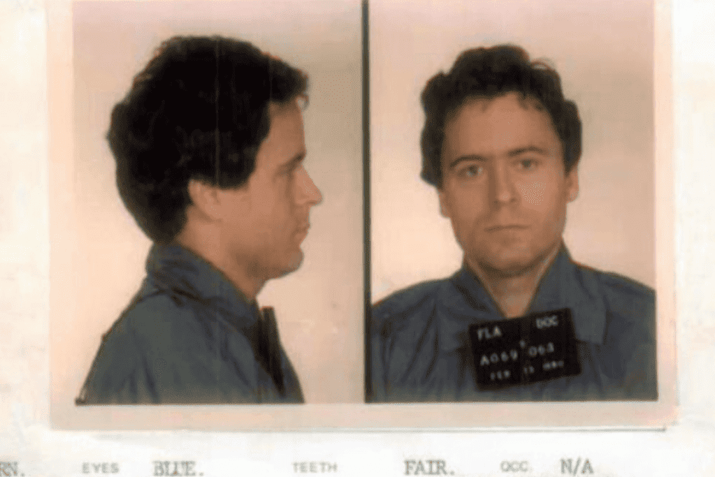 image of a mugshot photo of serial killer Ted Bundy