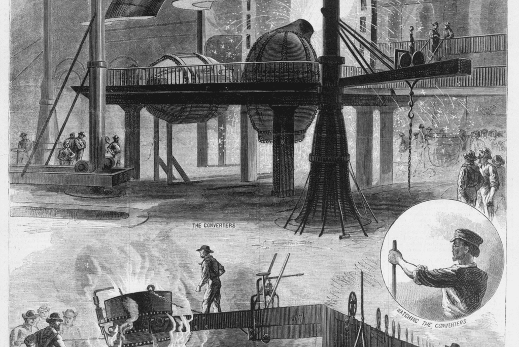 Artists rendering of the inside of a industrial revolution era steel mill