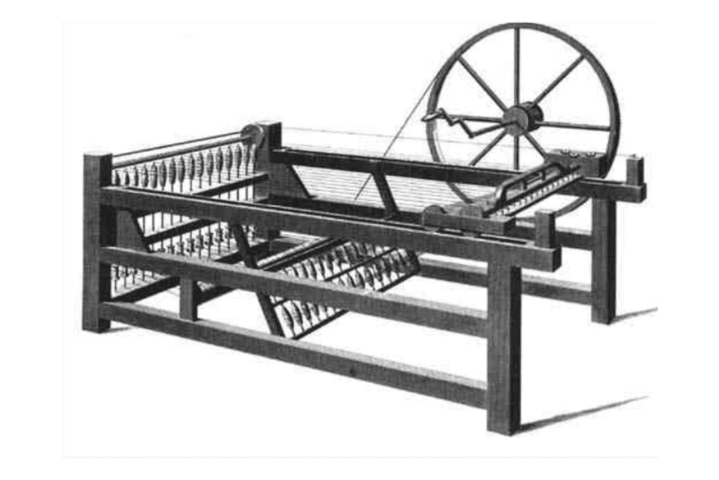 Image of a artist rendition of the industrial revolution era spinning jenny, one of the most famous inventions of the industrial revolution