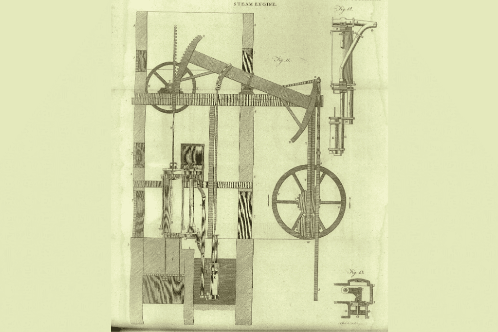 Image of an engraving of inventor James Watt's steam engine, one of the key inventions of the industrial revolution