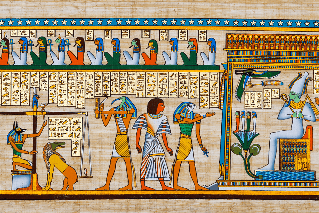 Image of several ancient Egyptian gods depicted on papyrus