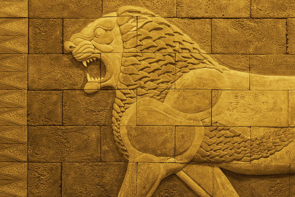 Image of a relief of a lion in ancient Mesopotamian style