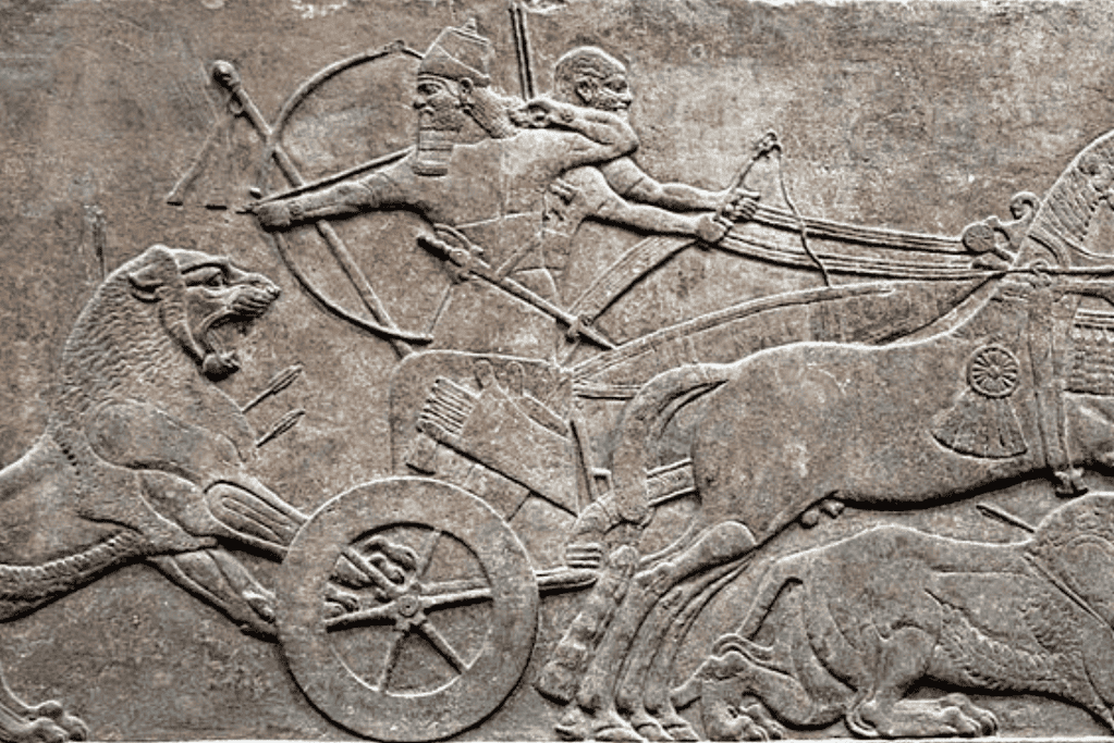 Image depicting ancient Mesopotamian technology in the development of the wheel: A stone carving depicting a wheeled cart, illustrating the groundbreaking invention of the wheel by ancient Mesopotamians. This pivotal technological advancement revolutionized transportation, trade, and various aspects of ancient Mesopotamian society.