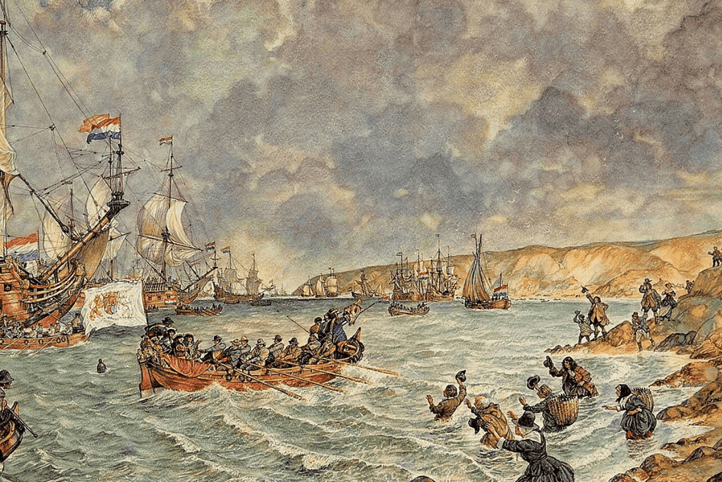 Image of William of Orange coming ashore during the Glorious Revolution
