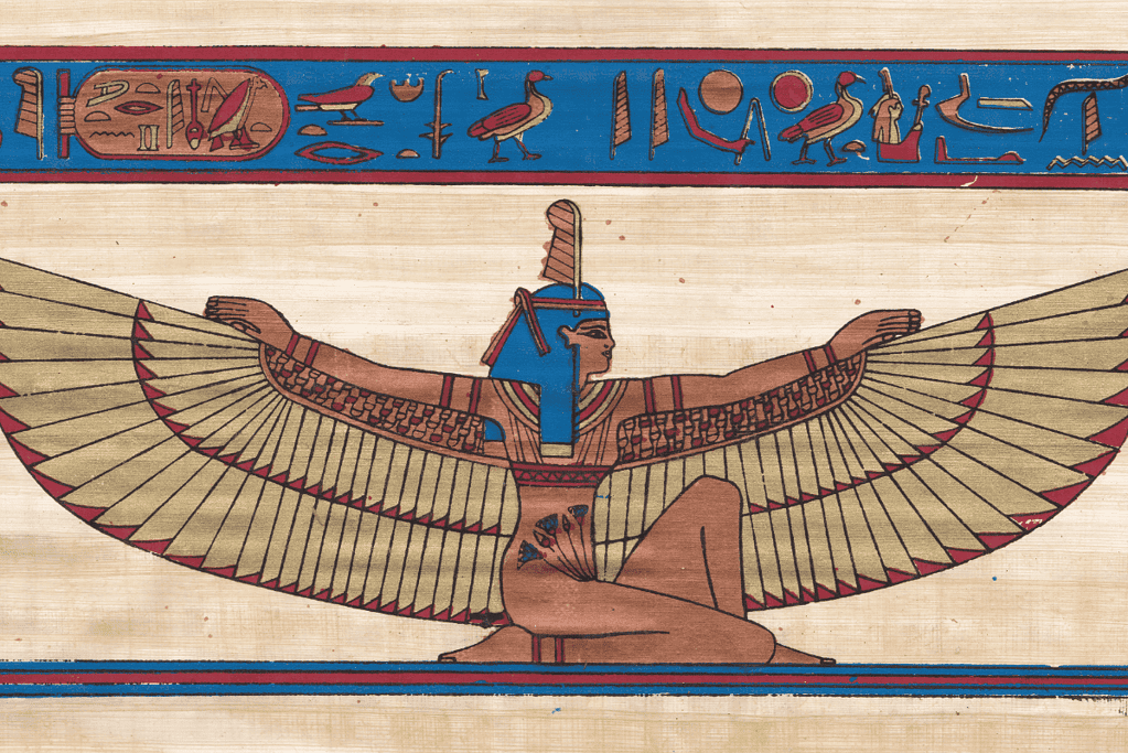 Image of the ancient Egyptian goddess Ma'at on papyrus