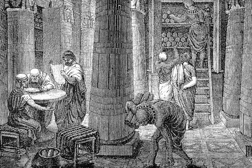 Image of drawing of the inside of the Library of Alexandria - more fascinating ancient history facts from ancient Egypt