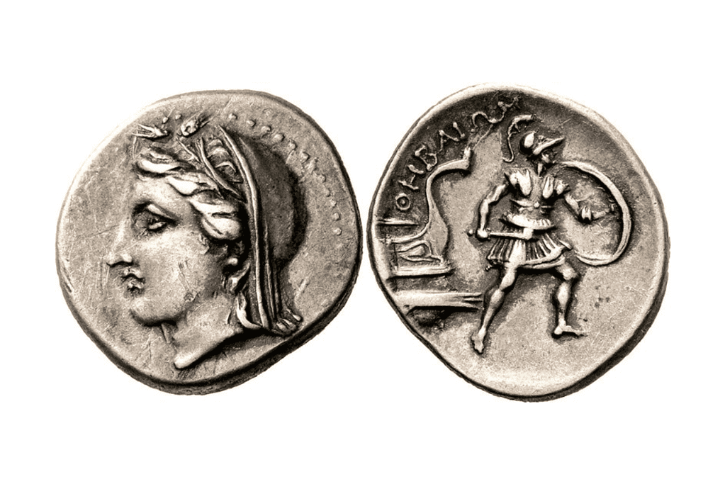 Image of two ancient silver coins originating from Thebes