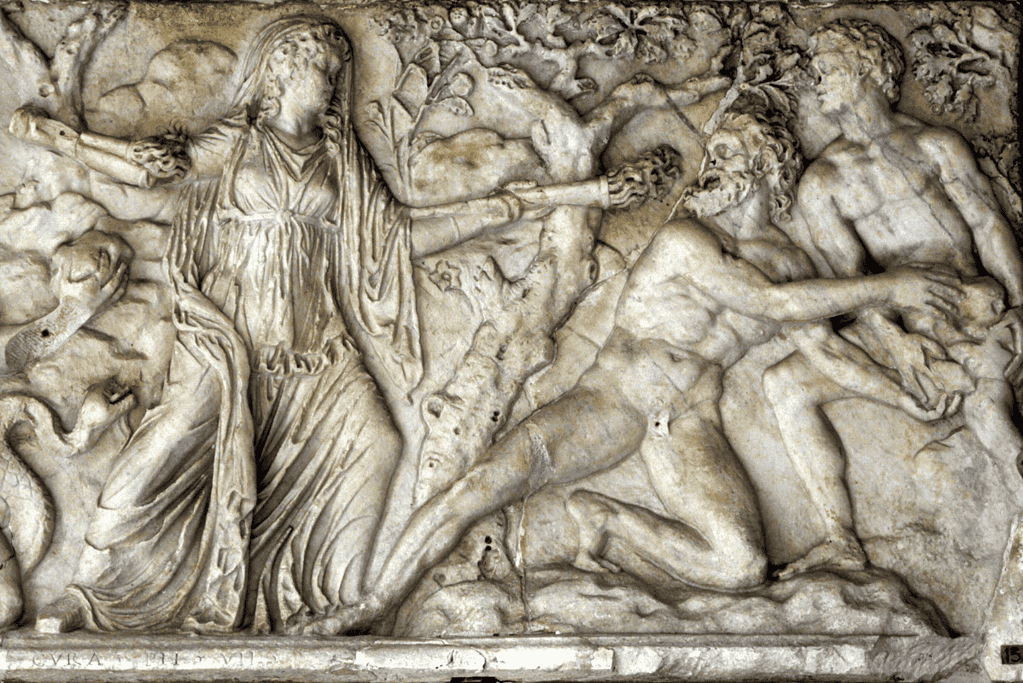 Image of a marble relief depicting the greek goddess hecate