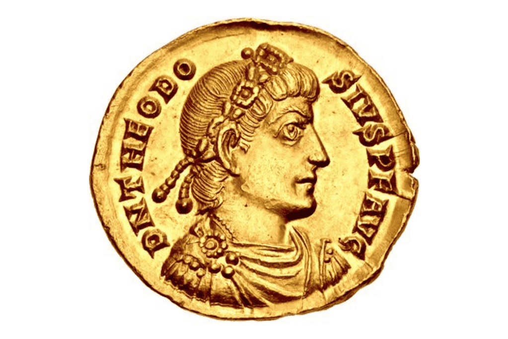 Image of a gold coin depicting the Roman Emperor Theodosius