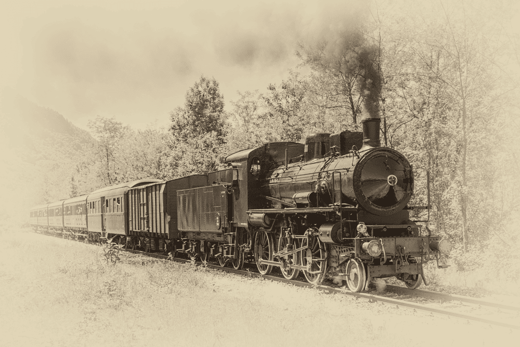 Image of a train on the first transcontinental railroad, one of the seven wonders of the industrial world