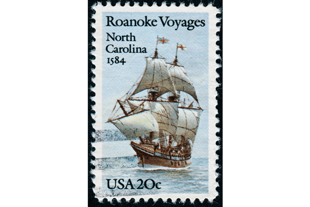 Image of a stamp commemorating the voyages that established the Roanoke colony in North Carolina