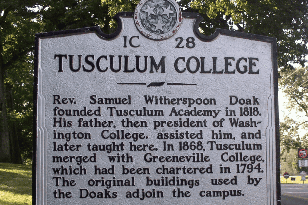 Image of a roadside historical marker on the campus of Tusculum University in Greenville, Tennessee