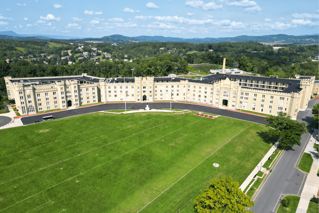 Image of the barracks and parade round at the Virginia Military Institute