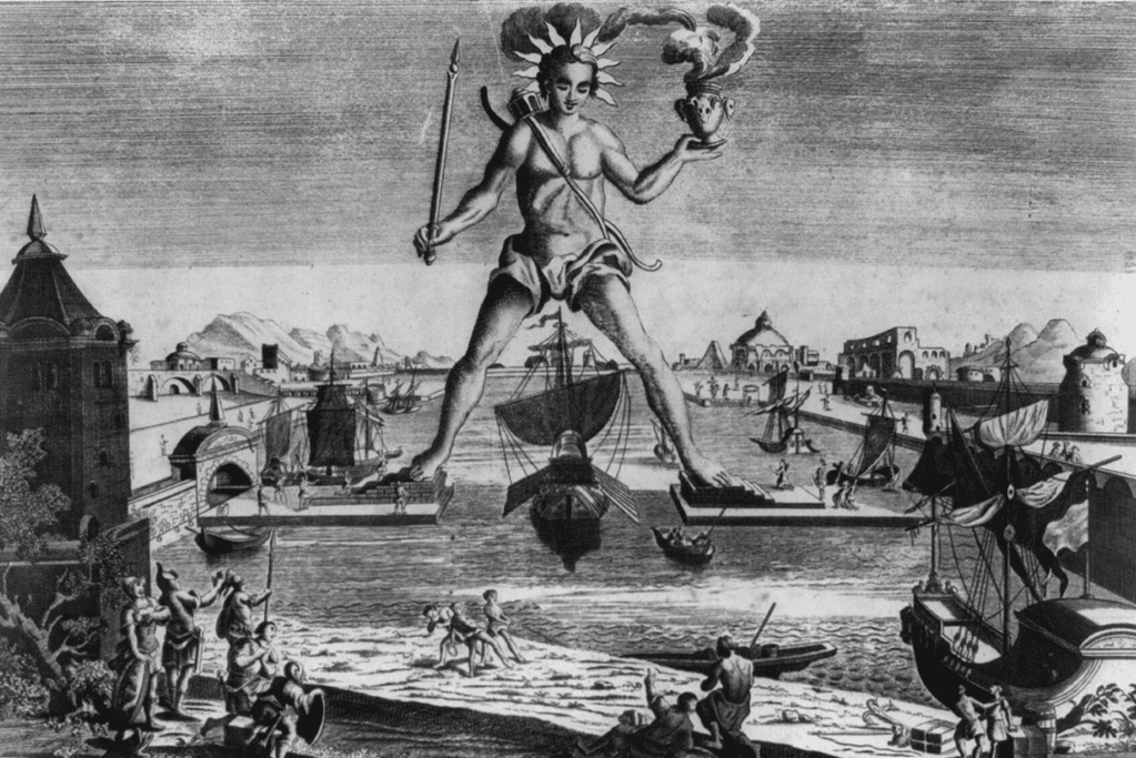 Image of one of the seven wonders of the ancient world, the Colossus of Rhodes
