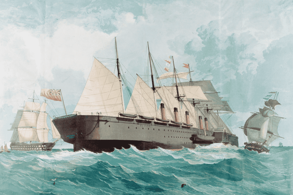 Image of a painting of one of the seven wonders of the industrial world, the SS Great Eastern underway