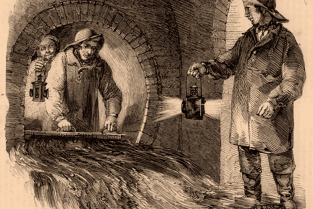 Image of a drawing of workers maintaining the London sewer system during the Victorian era