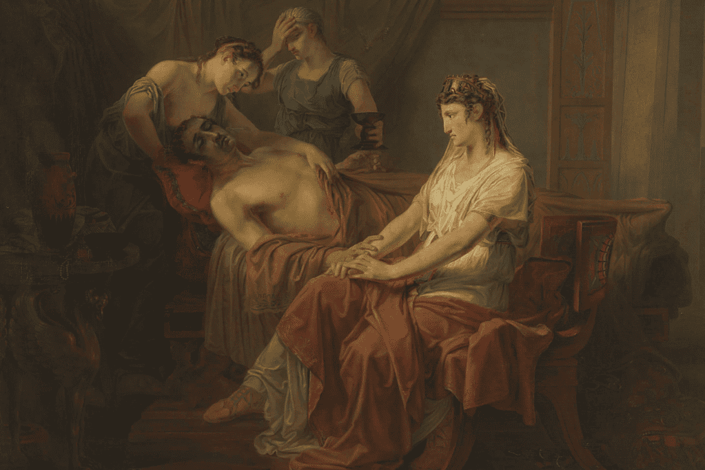 Image of an artist's rendition of the death of Marc Anthony after the ancient Battle of Actium