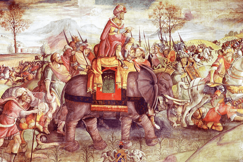 Image of Carthaginian General, Hannibal leading the forces of Carthage on campaign during the many ancient battles of the Second Punic War with Rome