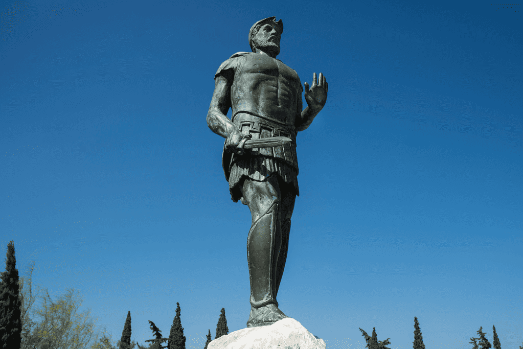 Image of  a statue of the Greek Athenian leader Miltiades who led Greek forces in one of the most significant ancient battles in history, the Battle of Marathon