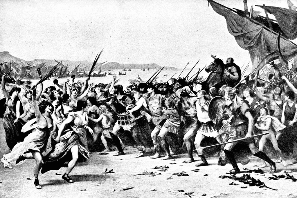 Image of a artist's rendition of the Greeks, celebrating their victory at Salamis with their commander Themistocles