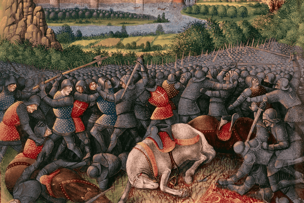 Image of a Middle Ages artist's rendition of a battle during the Crusades in Jerusalem
