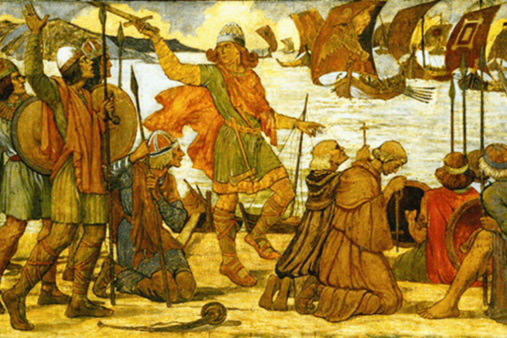 Image of an rtist's rendition of Irishmen preparing for a Viking attack near Dublin, Ireland