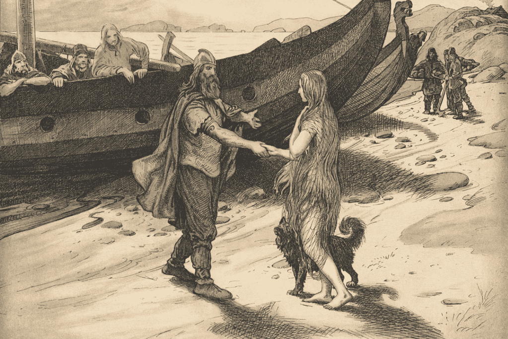 Image of Ragnar Lothbrok greeting Kraka, his future wife