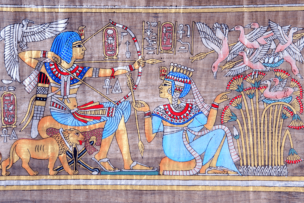 Image of a papyrus illustration showcasing King Tutankhamun, one of the iconic pharaohs of ancient Egypt.