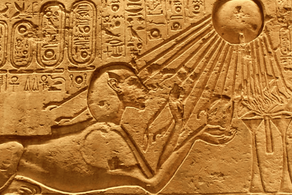 Image of a relief of Pharaoh Akhenaten portrayed as a sphinx, reflecting the unique artistry and religious shift during his reign among the pharaohs of ancient Egypt.