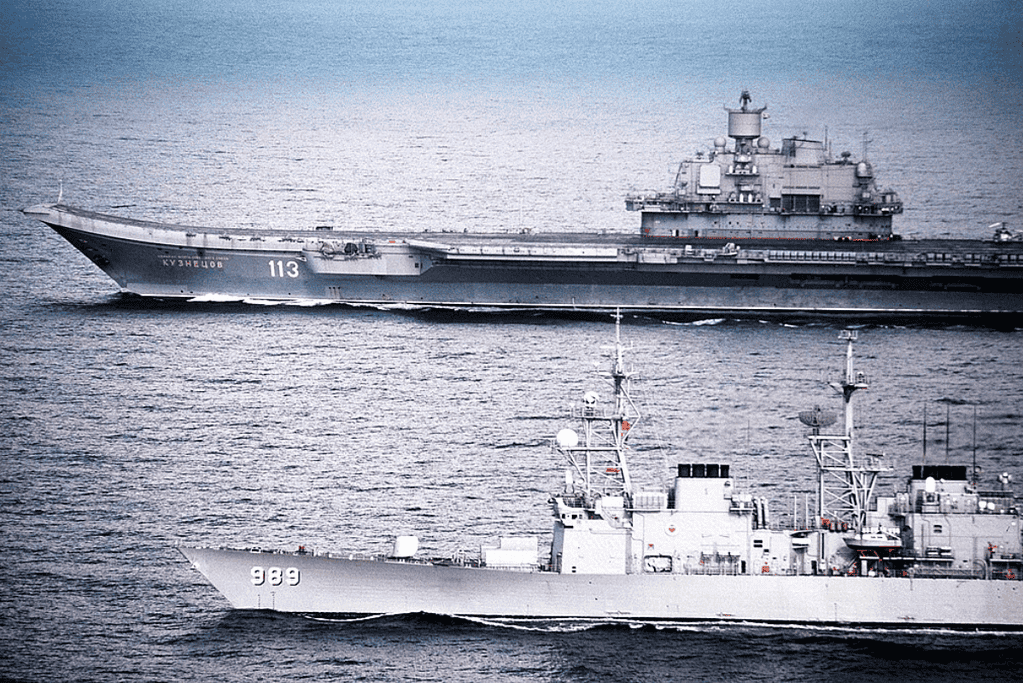 Image of a Russian Admiral Kuznetsov-class aircraft carrier underway