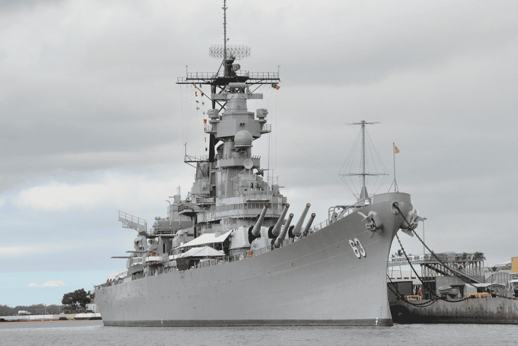 Image of one of the largest warships ever built by the United States, the battleship USS Missouri