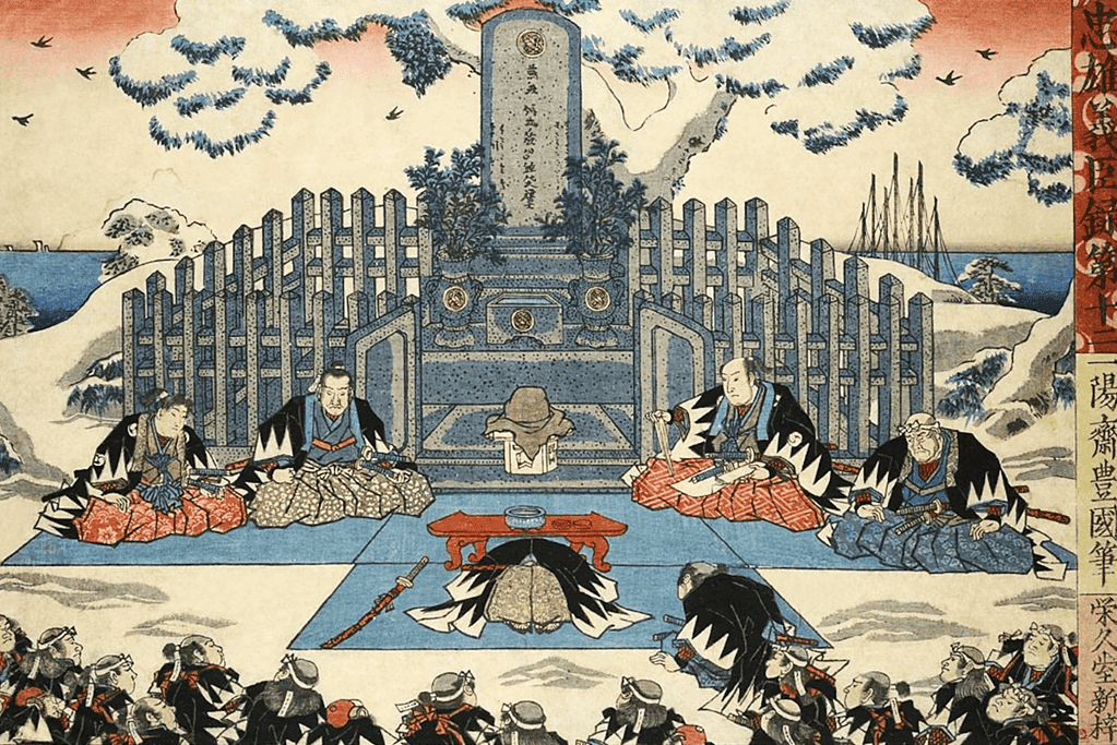 Image of a print of legendary samurai gathered in front of a shrine