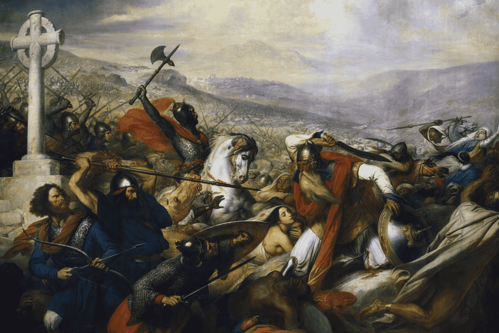 Image of a painting depicting intense hand-to-hand combat during the Battle of Tours, showcasing armored knights, archers, and infantry amid a backdrop of smoky chaos, emblematic of medieval battles