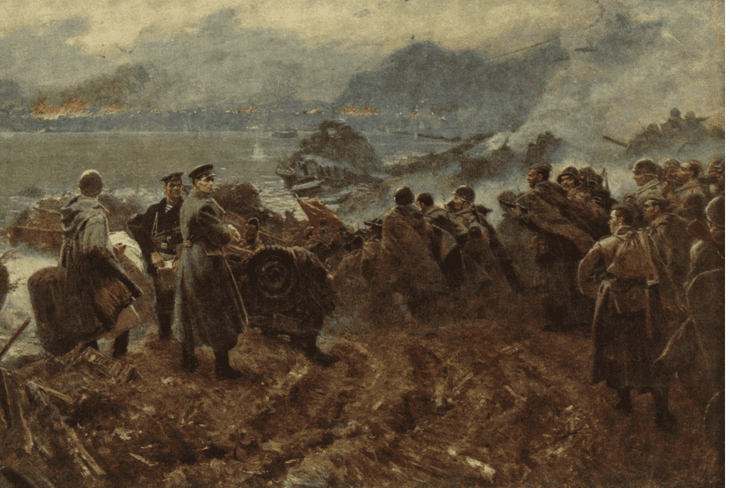 Image of an artistic representation of Russian troops engaged in battle during the Battle of Stalingrad, a poignant event demonstrating the ever-growing scale of modern history battles.