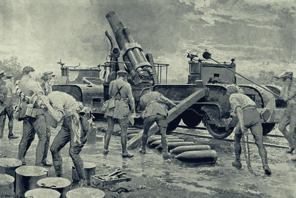 Image of a painting of British artillery soldiers firing on enemy positions in World War II