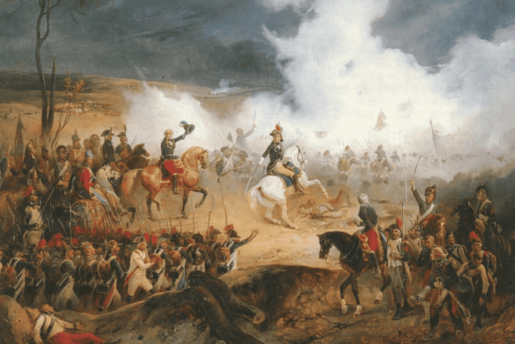Depiction of French and Prussian troops clashing at the Battle of Valmy, a significant and early moment in the dawn of modern history battles.