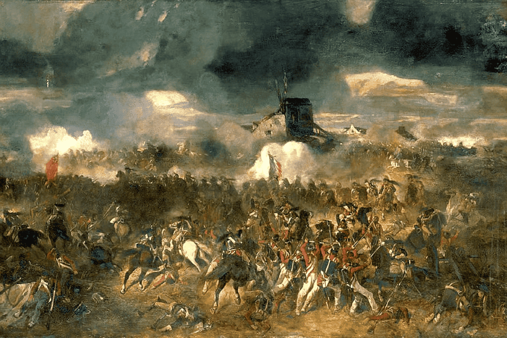 Image of a painting depicting French and British forces engaged in battle at the historic Battle of Waterloo, a significant event in European history.