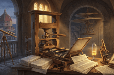 Image of a Renaissance workshop scene featuring a printing press, open sketchbook, and telescope — key Renaissance inventions that changed the course of history.