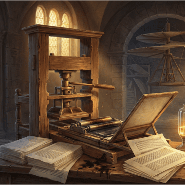 Image of a Renaissance workshop scene featuring a printing press, open sketchbook, and telescope — key Renaissance inventions that changed the course of history.
