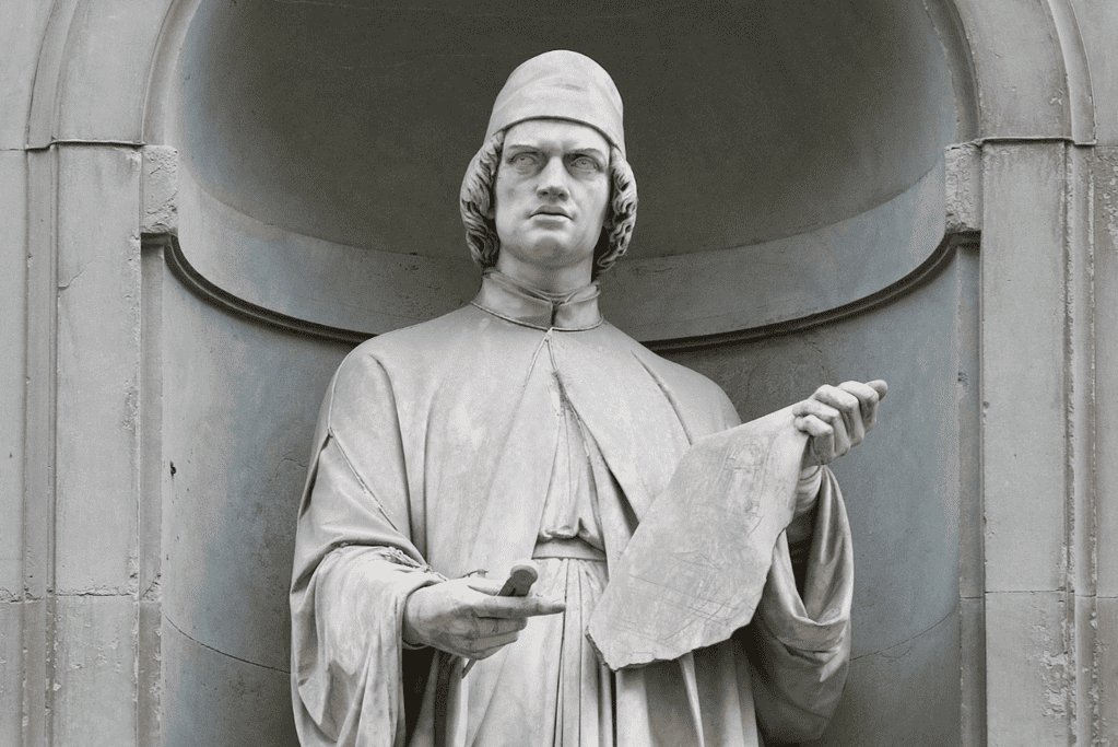 Image of a statue of Italian polymath Leon Battista Alberti , a key figure in the development of many Renaissance inventions