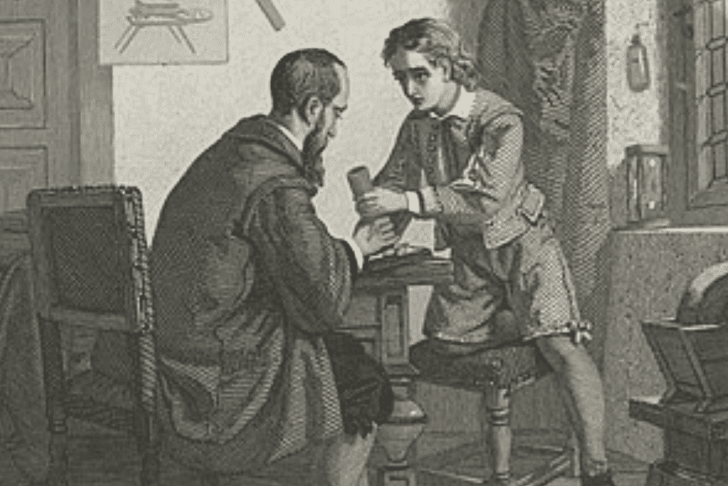 Image of Zacharias Janssen working on the development of the compound microscope with his father, Hans Janssen