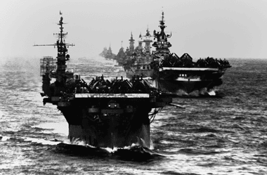 Image of U.S. naval forces transiting after one of the largest WW2 naval battles, the Battle of Leyte Gulf