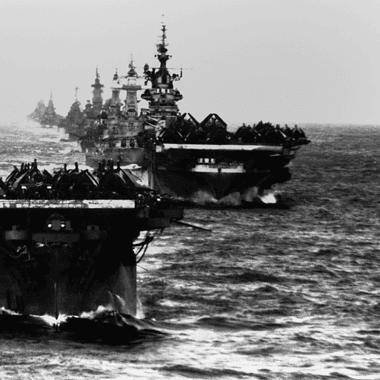 Image of U.S. naval forces transiting after one of the largest WW2 naval battles, the Battle of Leyte Gulf