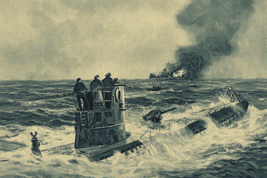 Image of a German U-boat on the surface during one of the many ww2 naval battles during the Battle of the Atlantic