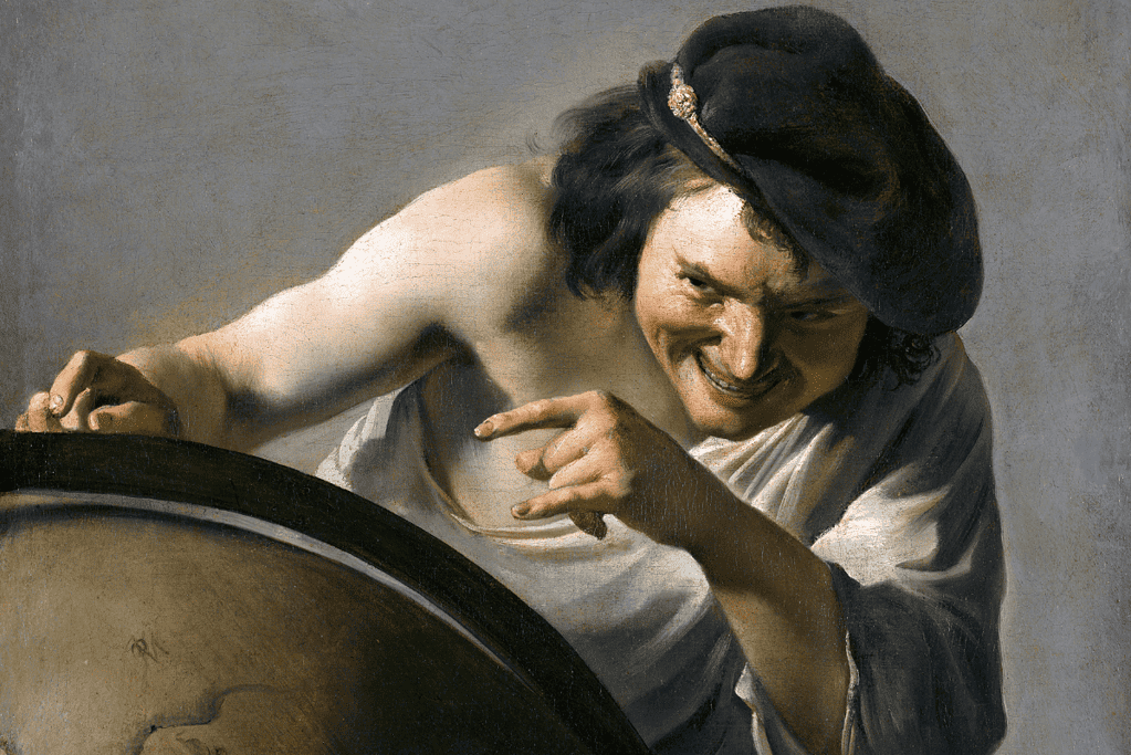 The ancient philosopher Democritus Image of a painting of Democritus studying a globe, inquisitive look.